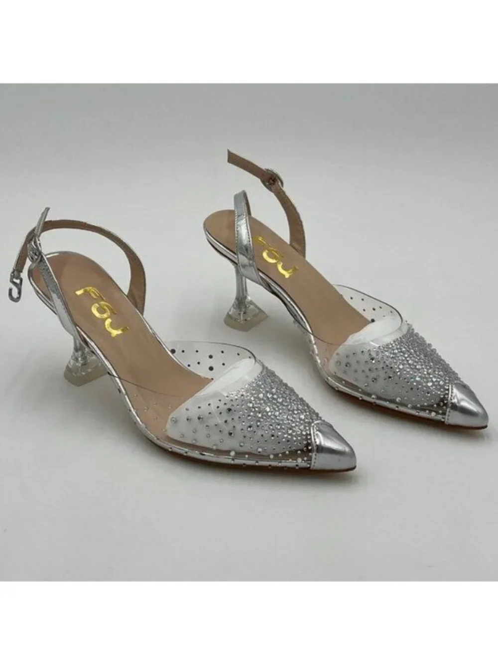 FSJ Silver Crystal Studded Clear Sparkle Rhinestones Clear Heel Slingback Shoes